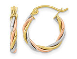 10K Yellow, Rose and White Gold Twisted Hoop Earrings (2.50 mm Thick)